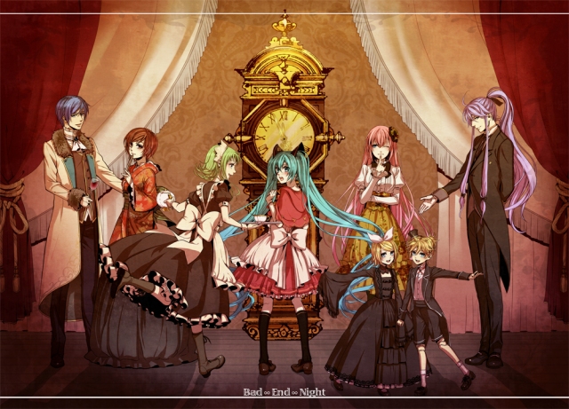 (From the MV of the song Bad End Night featuring Miku-blue haired female, Kaito-blue haired male, Meiko-brown haired female, Gakupo-purple haired male, Luka-pink haired female, Len-yellow haired male, Rin-yellow haired female, and Gumi-green haired female).